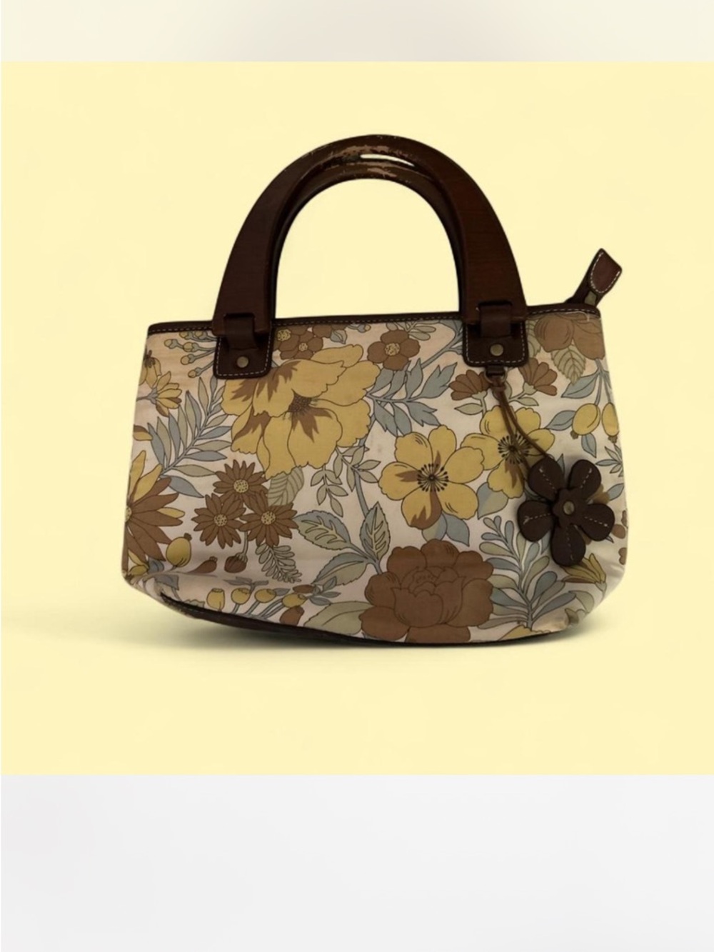 Floral Canvas Handbag with Brown Trim